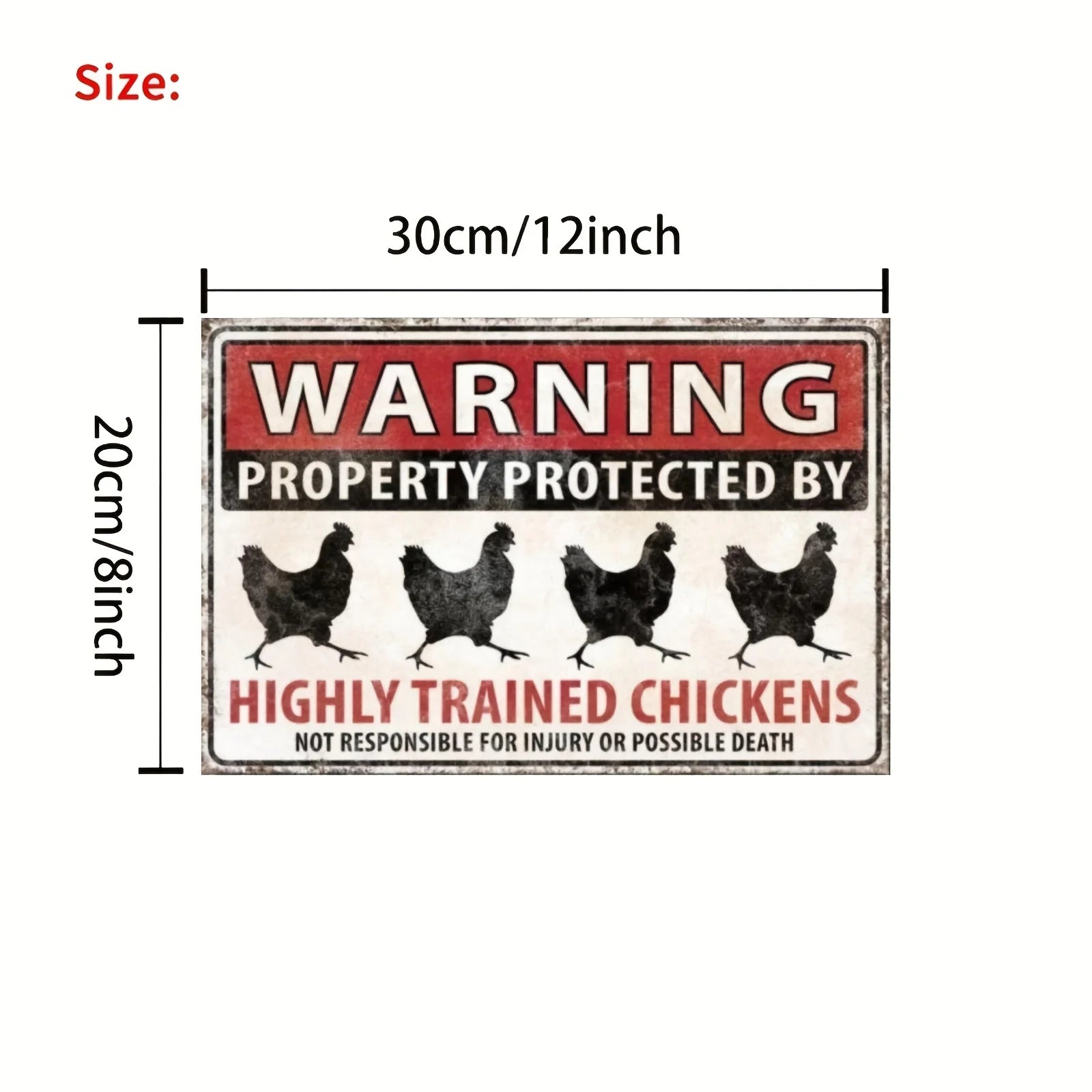 Funny Chicken Warning Sign size guide showing a 30 cm wide by 20 cm high horizontal design