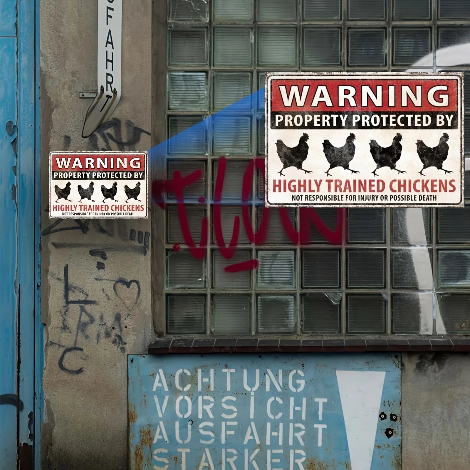 Funny Chicken Warning Sign wall display example with an enlarged view of its farmyard warning design