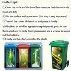 Funny Dog Bin Sticker application guide showing surface cleaning, peeling, positioning, and smoothing steps
