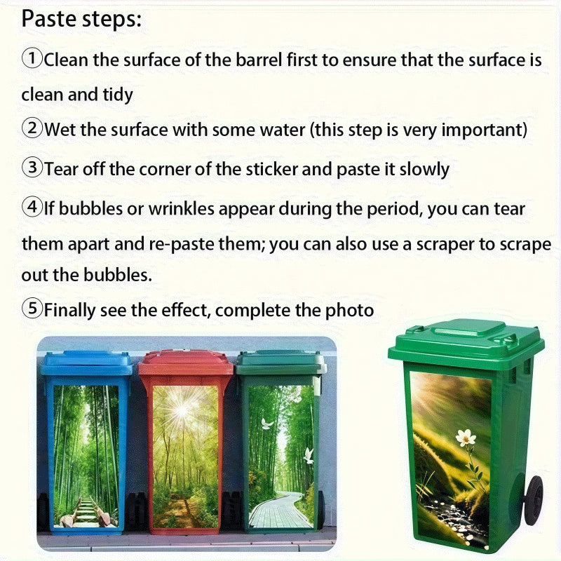 Funny Dog Bin Sticker application guide showing surface cleaning, peeling, positioning, and smoothing steps