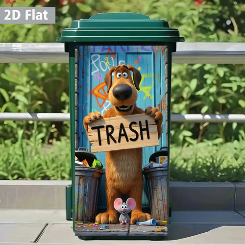 Funny Dog Bin Sticker shown on a green curbside trash can with a cartoon dog holding a TRASH sign