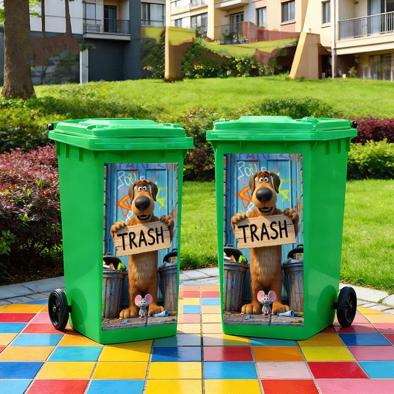 Funny Dog Bin Sticker displayed on two green trash cans beside a landscaped residential garden