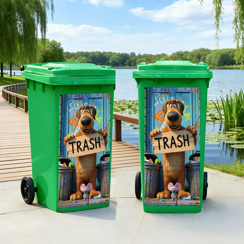 Funny Dog Bin Sticker decorating two green garbage bins in a scenic lakeside park setting