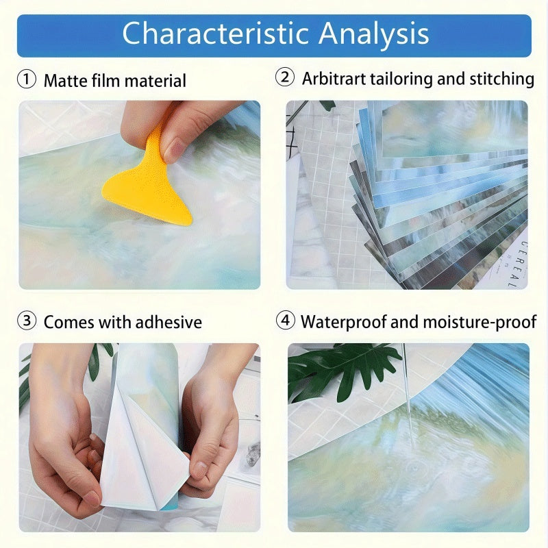 Funny Dog Bin Sticker feature guide highlighting matte film, cuttable design, adhesive backing, and moisture resistance