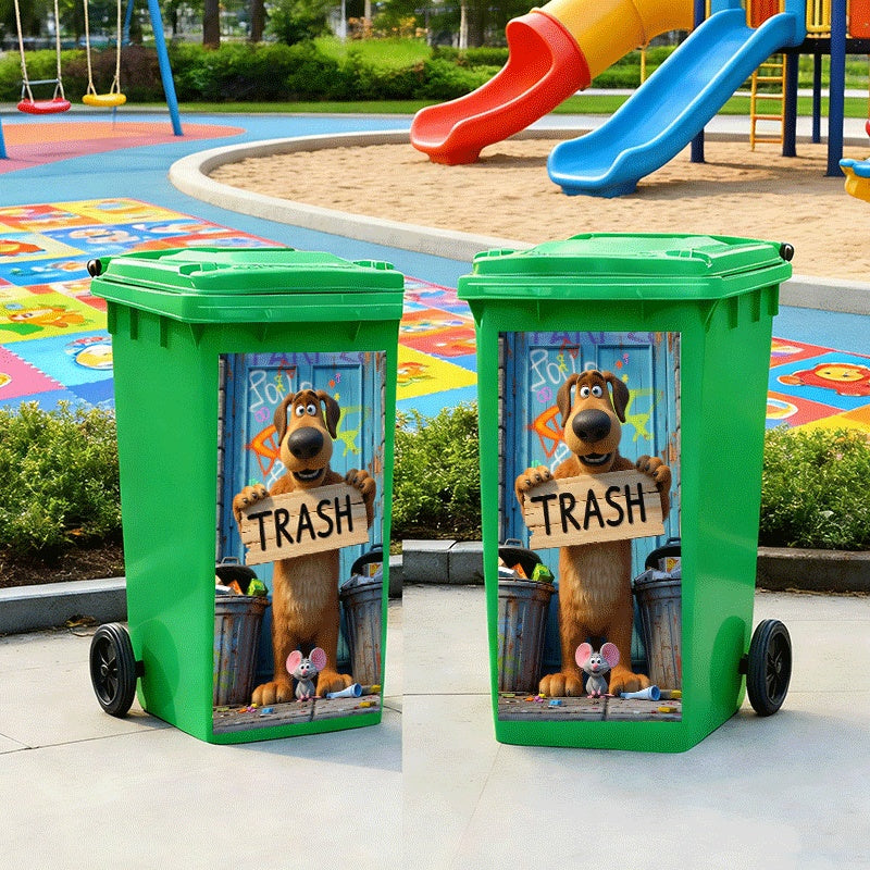 Funny Dog Bin Sticker applied to two outdoor trash cans near a colorful playground