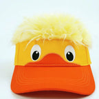 Funny Duck Wig Cap front view showing embroidered eyes, orange bill, and yellow wig