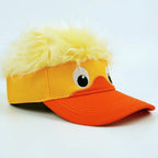 Funny Duck Wig Cap in yellow with orange bill and fluffy wig, left front view