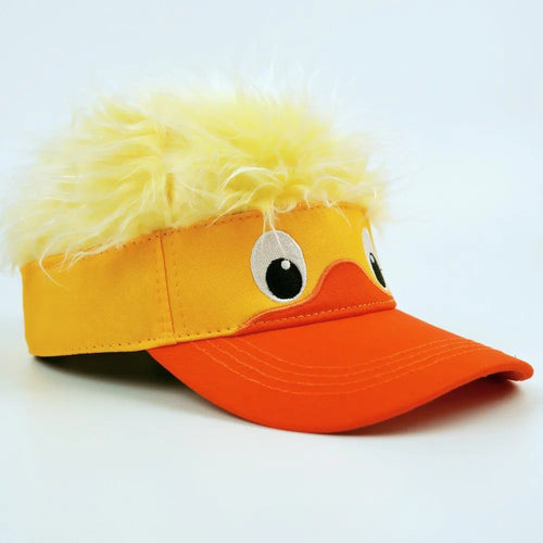 Funny Duck Wig Cap in yellow with orange bill and fluffy wig, left front view