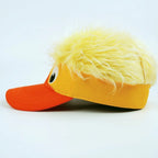 Funny Duck Wig Cap side profile showing yellow polyester crown and fluffy wig top
