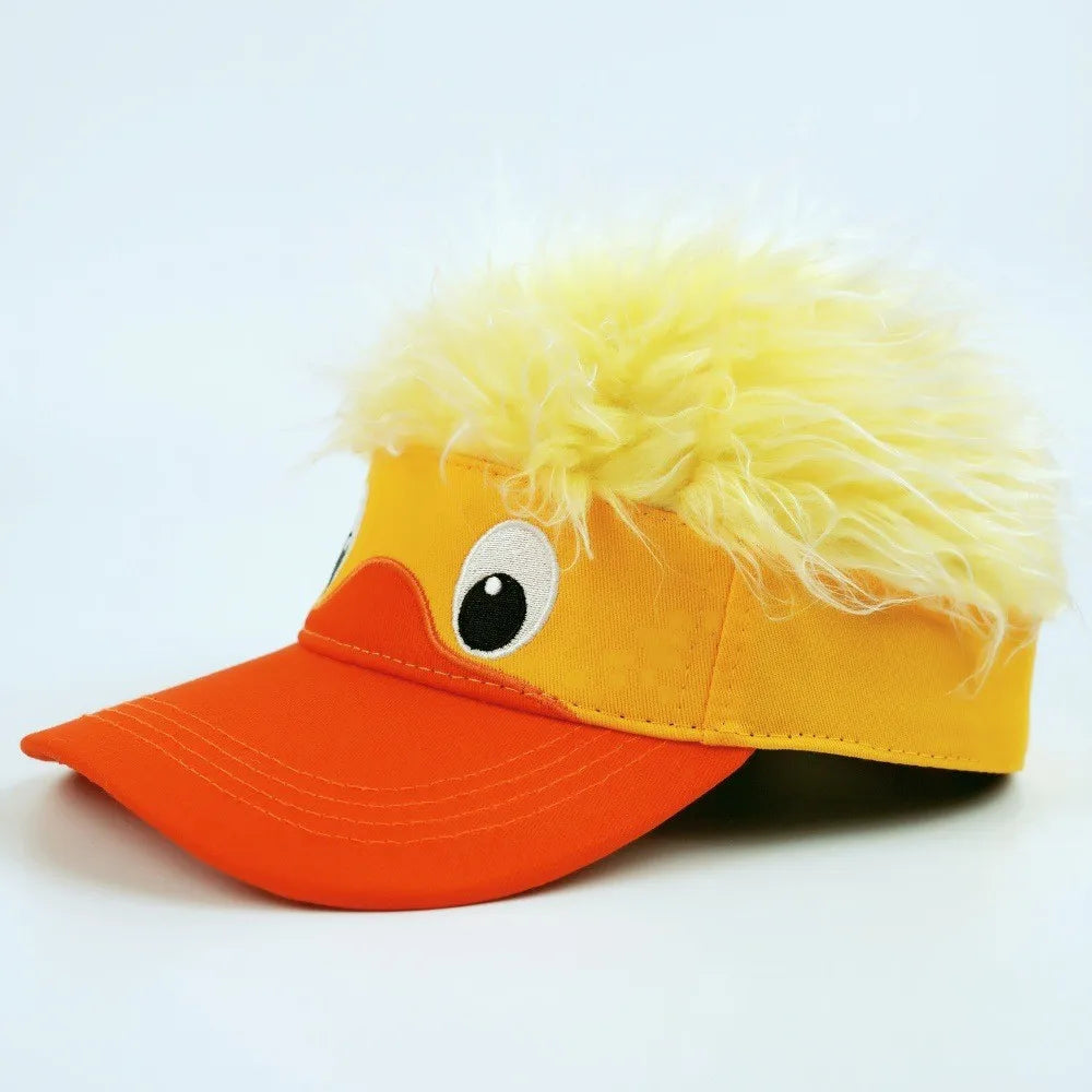 Funny Duck Wig Cap three-quarter view with cartoon duck face and curved orange visor