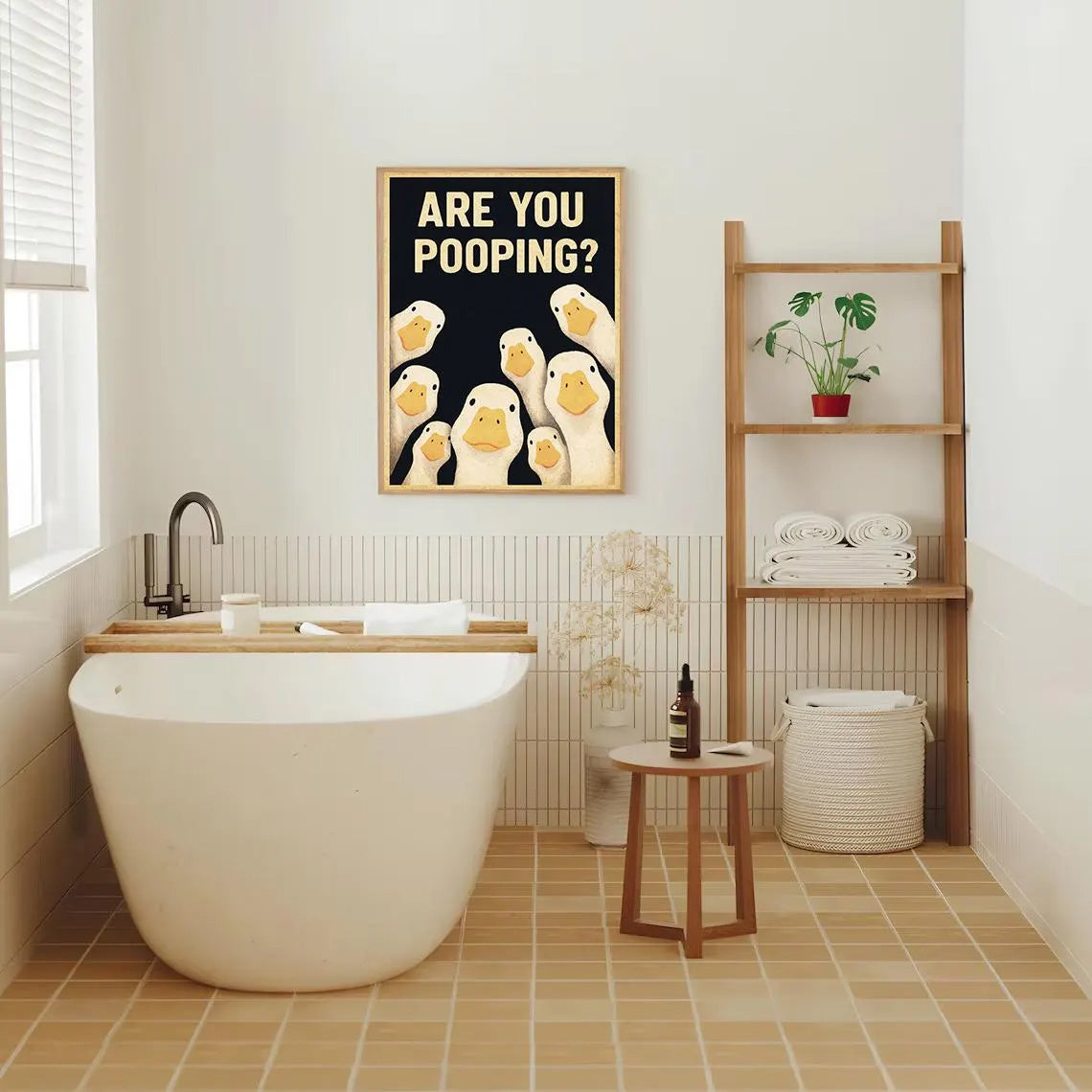 Funny Goose Bathroom Sign styled on a bright bathroom wall with a tub and wooden shelf; frame not included