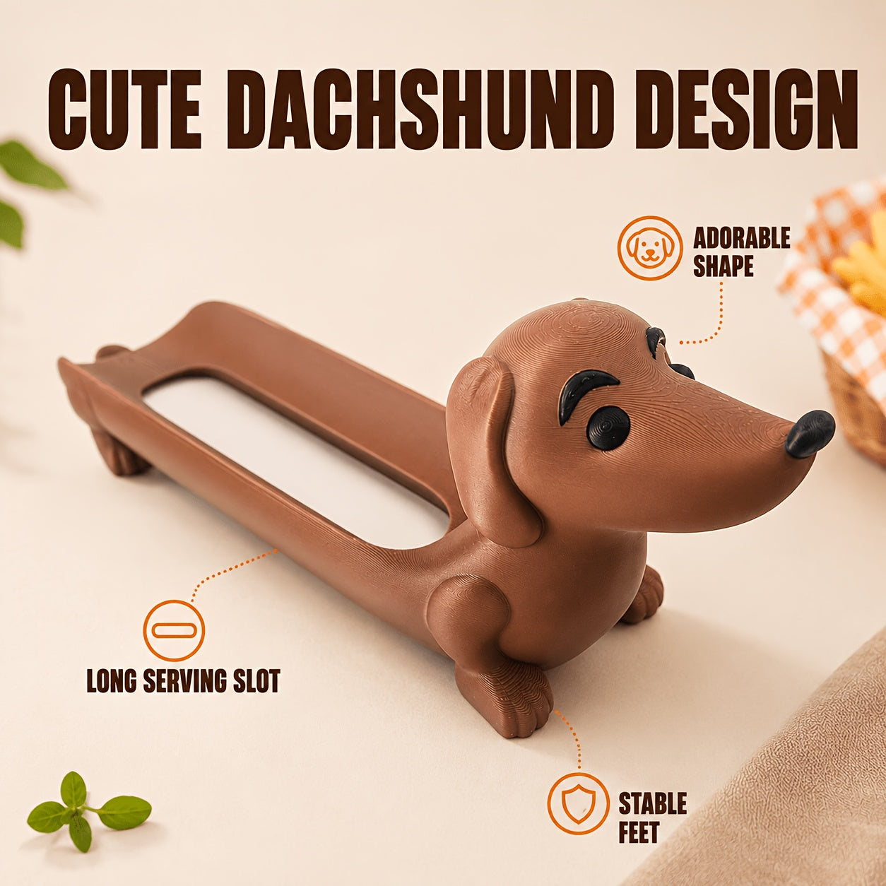 Funny Hot Dog Tray feature view highlighting the dachshund shape, long slot, and stable feet.