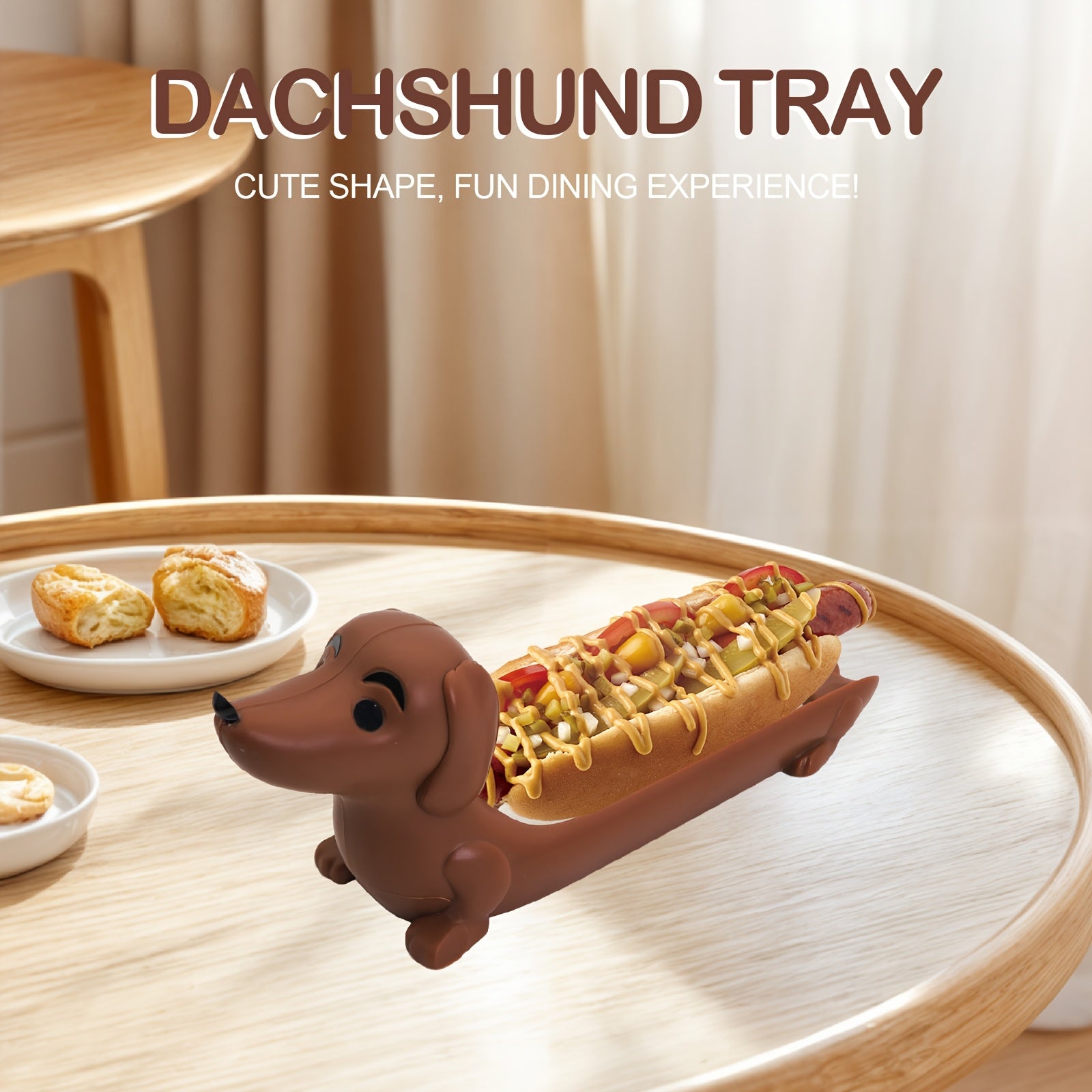 Funny Hot Dog Tray carrying a hot dog on a round dining table in a warm home setting.