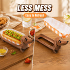Funny Hot Dog Tray before-and-after serving view showing the long slot emptied after a meal.