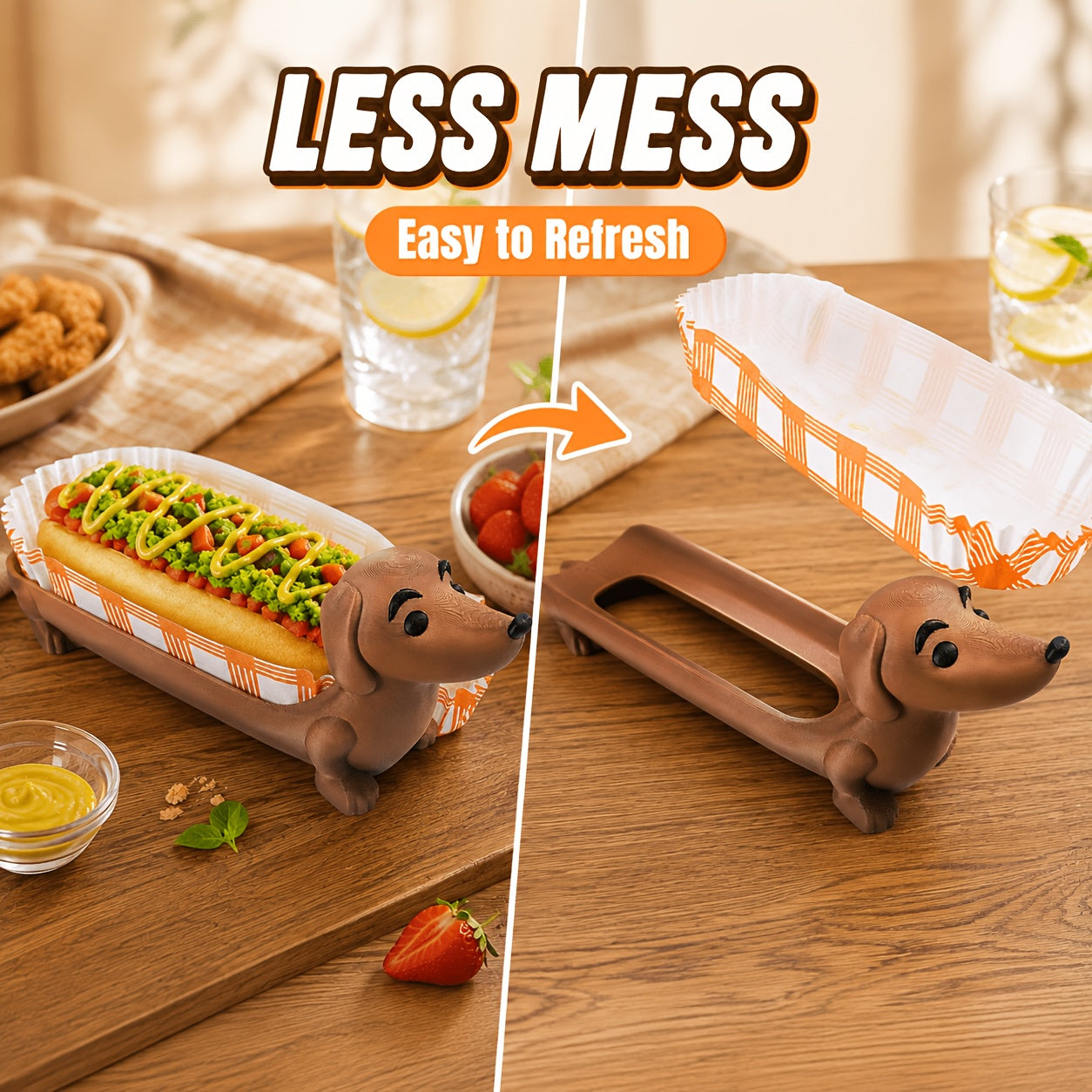 Funny Hot Dog Tray before-and-after serving view showing the long slot emptied after a meal.
