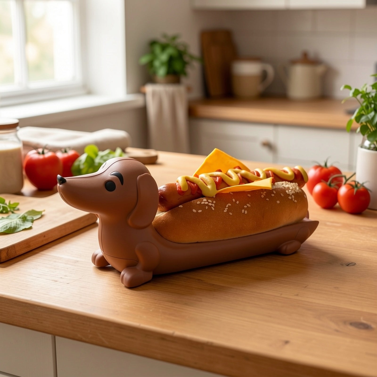 Funny Hot Dog Tray holding a hot dog in a bright home kitchen beside flowers and utensils.