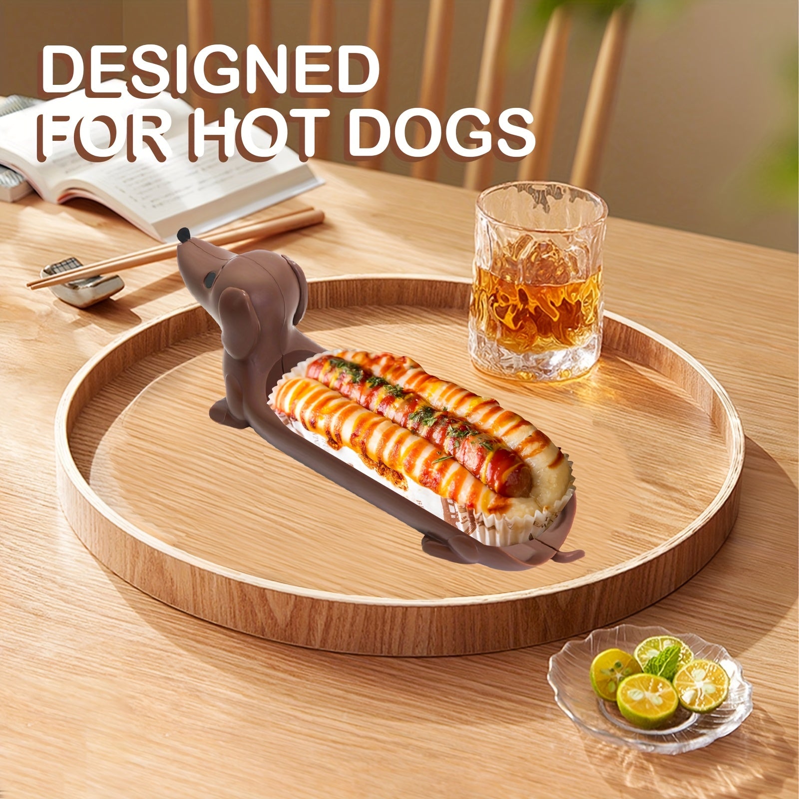 Funny Hot Dog Tray serving a sauced hot dog on a round wooden table with a drink.