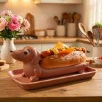 Funny Hot Dog Tray serving a hot dog on a wooden kitchen counter with tomatoes behind it.