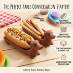 Funny Hot Dog Tray serving hot dogs and breadsticks on a colorful party table.