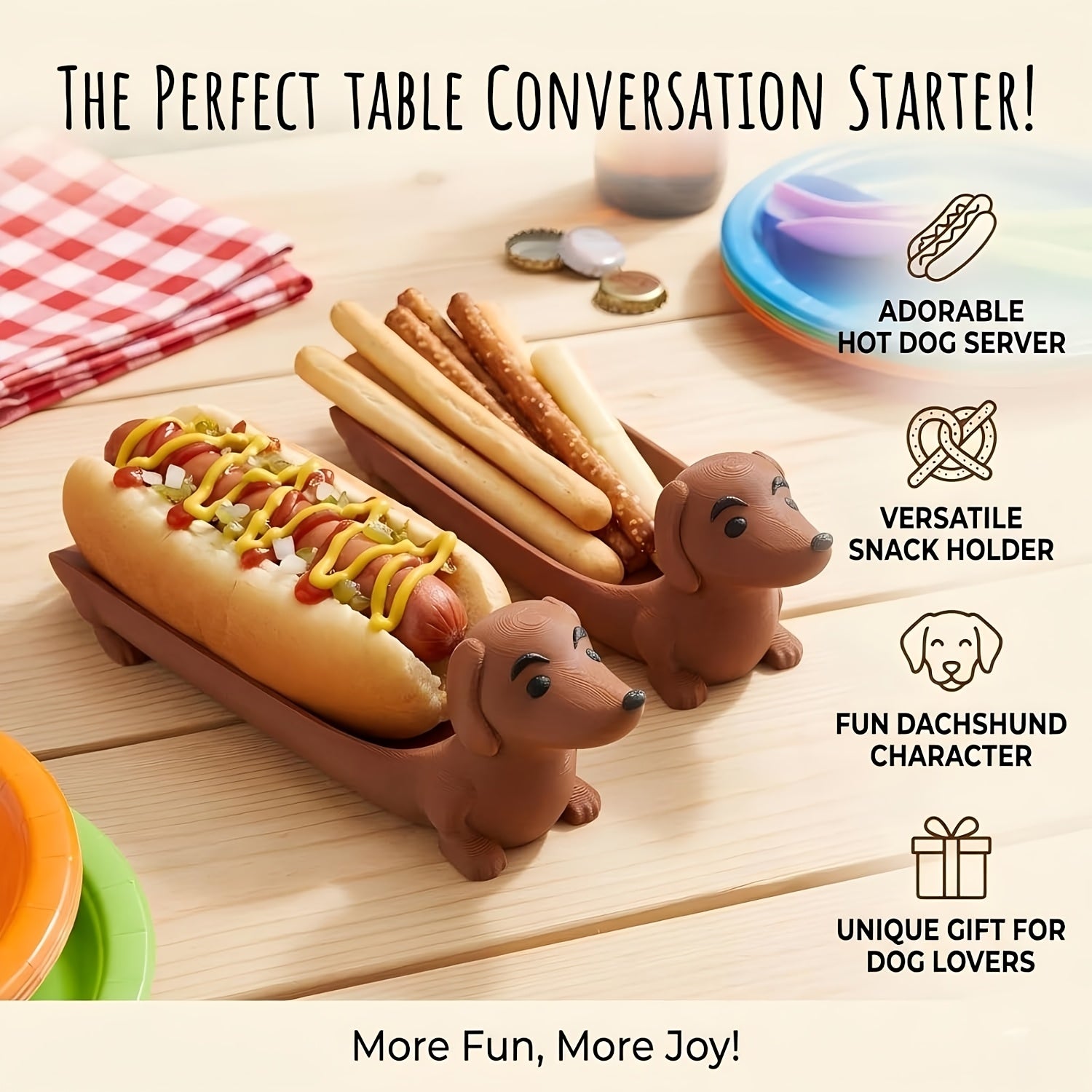 Funny Hot Dog Tray serving hot dogs and breadsticks on a colorful party table.