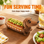 Funny Hot Dog Tray serving a topped hot dog on a cheerful table with side dishes.