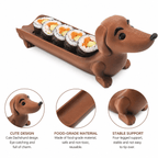 Funny Hot Dog Tray filled with sushi and surrounded by close-ups of its face, slot, and feet.