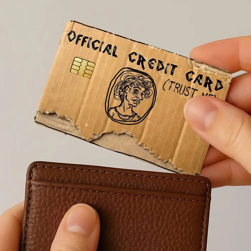 Funny "Official Credit Card" Cover being placed into a brown leather card wallet