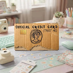 Funny "Official Credit Card" Cover with portrait design displayed on a colorful craft desk