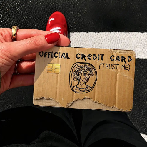 Funny "Official Credit Card" Cover with portrait and Trust Me artwork held in hand