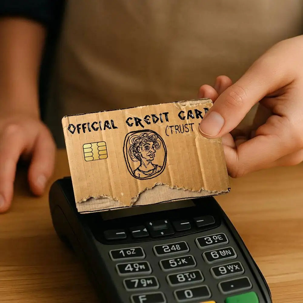 Funny "Official Credit Card" Cover held above a contactless payment terminal