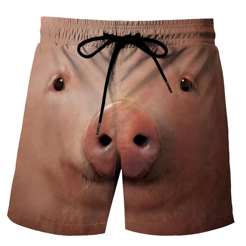 Funny Pig Swimming Shorts in brown and pink with a realistic pig-face design