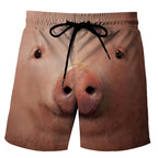 Funny Pig Swimming Shorts in brown and pink with a realistic pig-face design