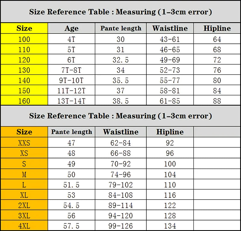 Funny Pig Swimming Shorts size chart with youth and adult garment measurements