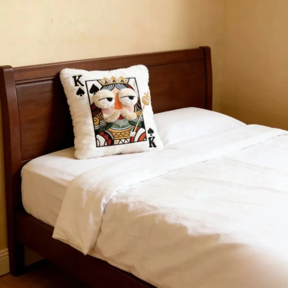 Funny Royal Card Pillows King design placed on a neatly made bed for bedroom decor