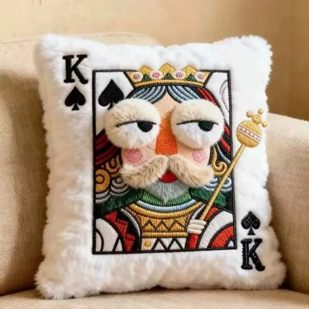 Funny Royal Card Pillows King variant with embroidered crown, scepter, fluffy eyes, and mustache