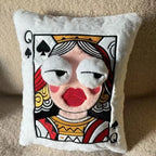 Funny Royal Card Pillows Queen design shown close up with dimensional eyes and embroidered details