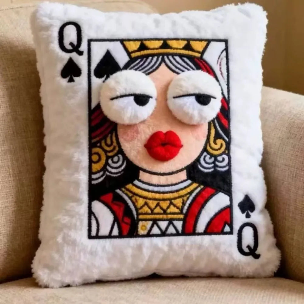 Funny Royal Card Pillows Queen variant with embroidered crown, red lips, and raised fluffy eyes