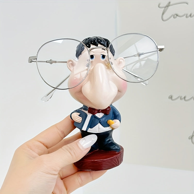Funny Teacher Glasses Stand held in one hand while displaying oversized round silver eyeglasses