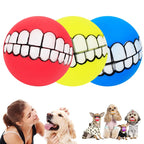 Funny Teeth Dog Balls promotional collage with red, yellow and blue balls, dogs and a pet owner.