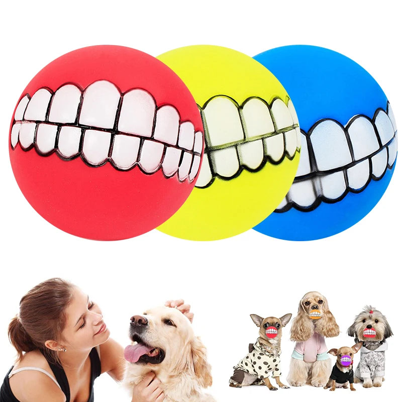 Funny Teeth Dog Balls promotional collage with red, yellow and blue balls, dogs and a pet owner.