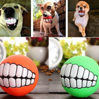 Funny Teeth Dog Balls collage showing dogs holding the toys and orange and green ball close-ups.