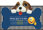 Supplier review-request graphic in the Funny Teeth Dog Balls gallery, with a cartoon dog and five-star prompts.