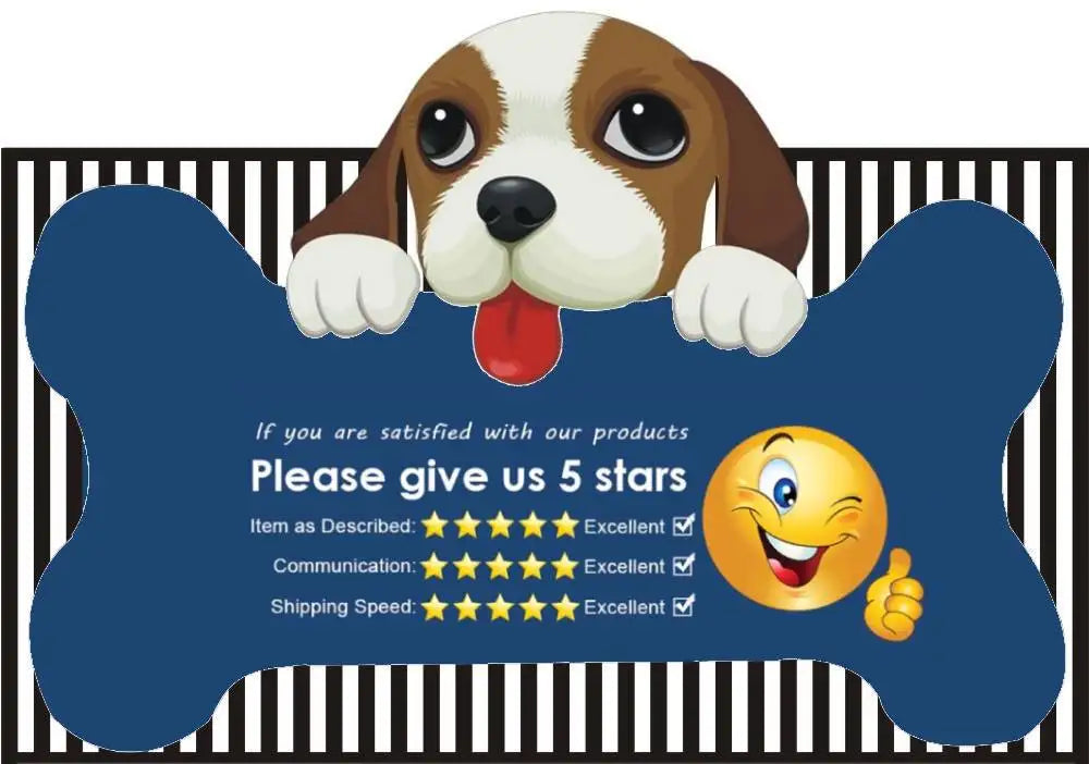 Supplier review-request graphic in the Funny Teeth Dog Balls gallery, with a cartoon dog and five-star prompts.