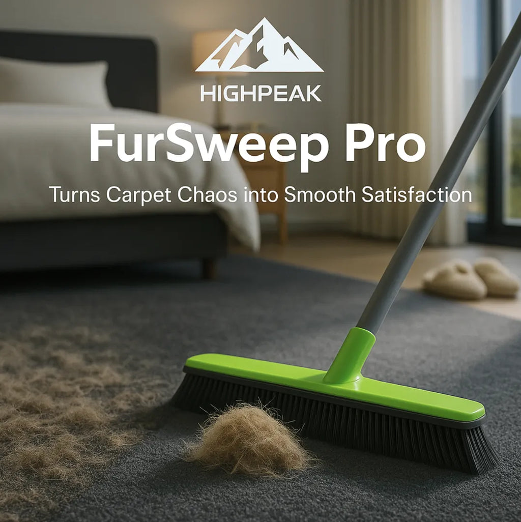 HighPeak FurSweep Pro green broom sweeping dog hair on gray carpet in a cozy bedroom setting.