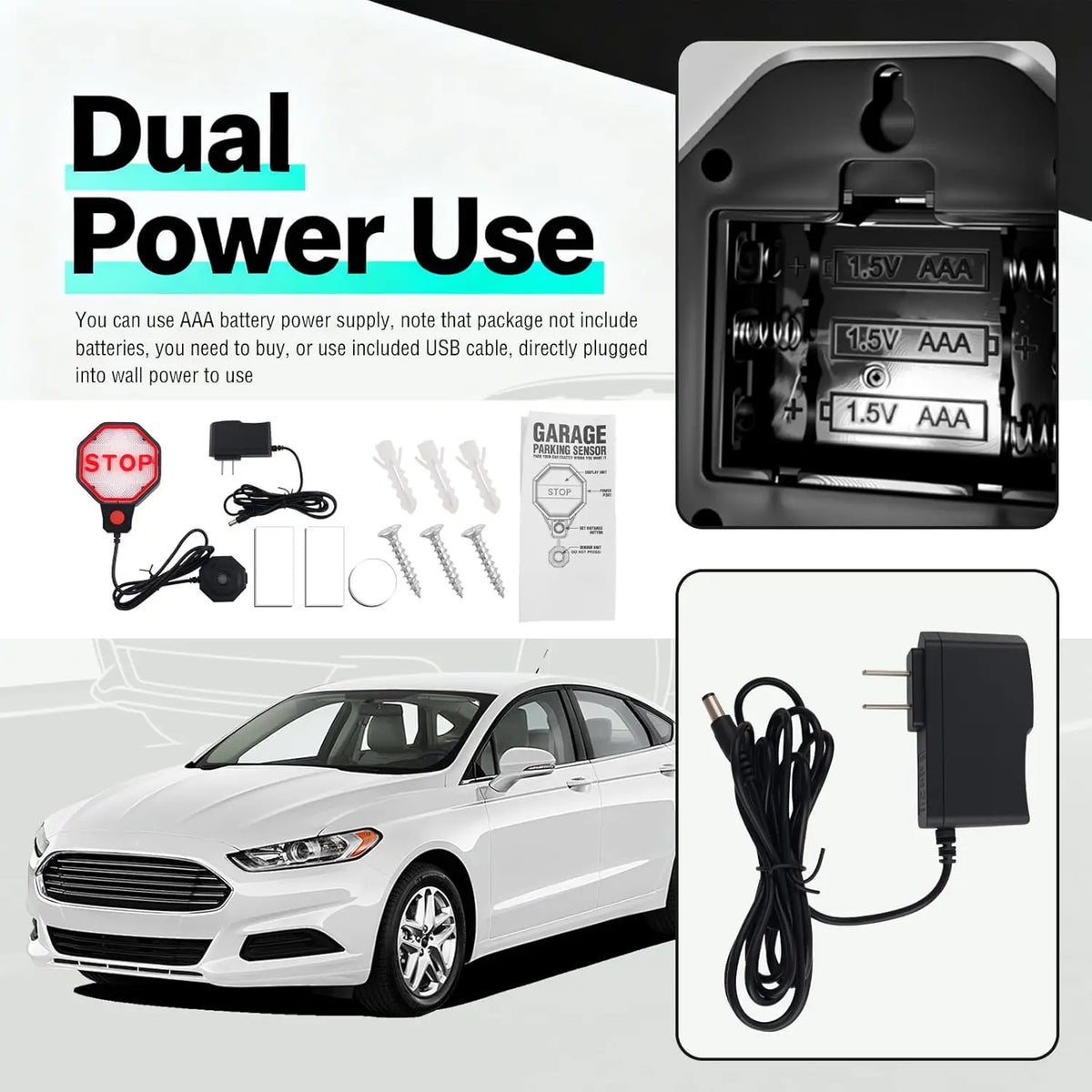 Garage Parking Sensor from HighPeak with three-AAA battery compartment, wired power supply and accessories.