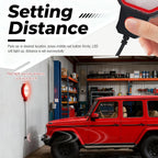 Garage Parking Sensor from HighPeak showing the red setup button and adjustable 6-inch to 6.5-foot stopping point.