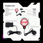 Garage Parking Sensor from HighPeak size guide showing stop sign dimensions, power lead and mounting accessories.
