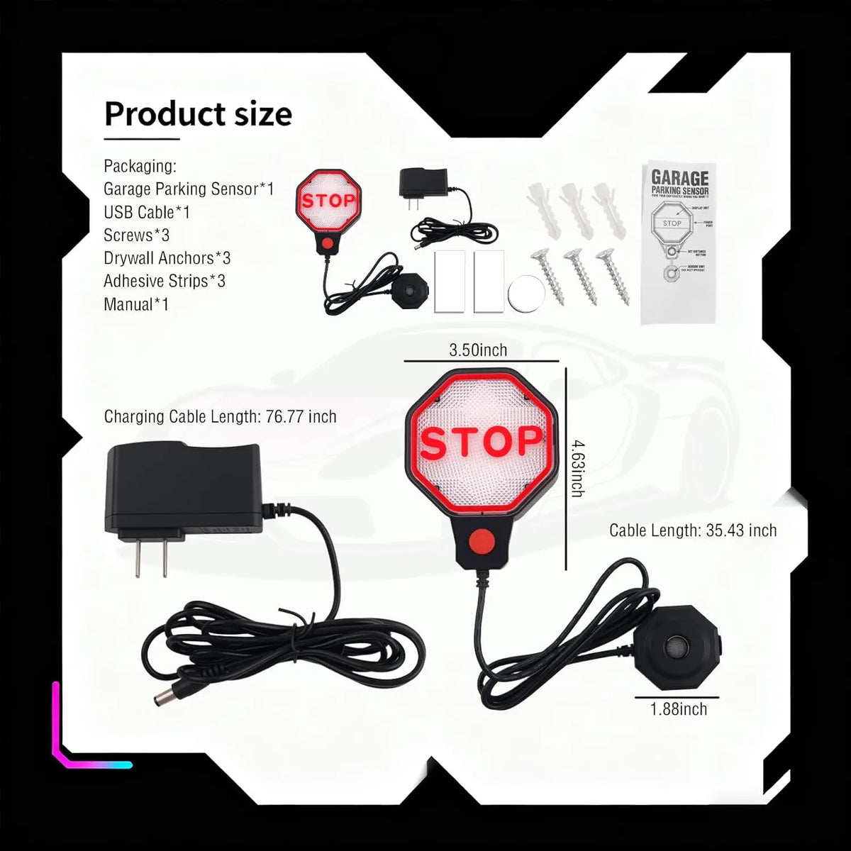 Garage Parking Sensor from HighPeak size guide showing stop sign dimensions, power lead and mounting accessories.