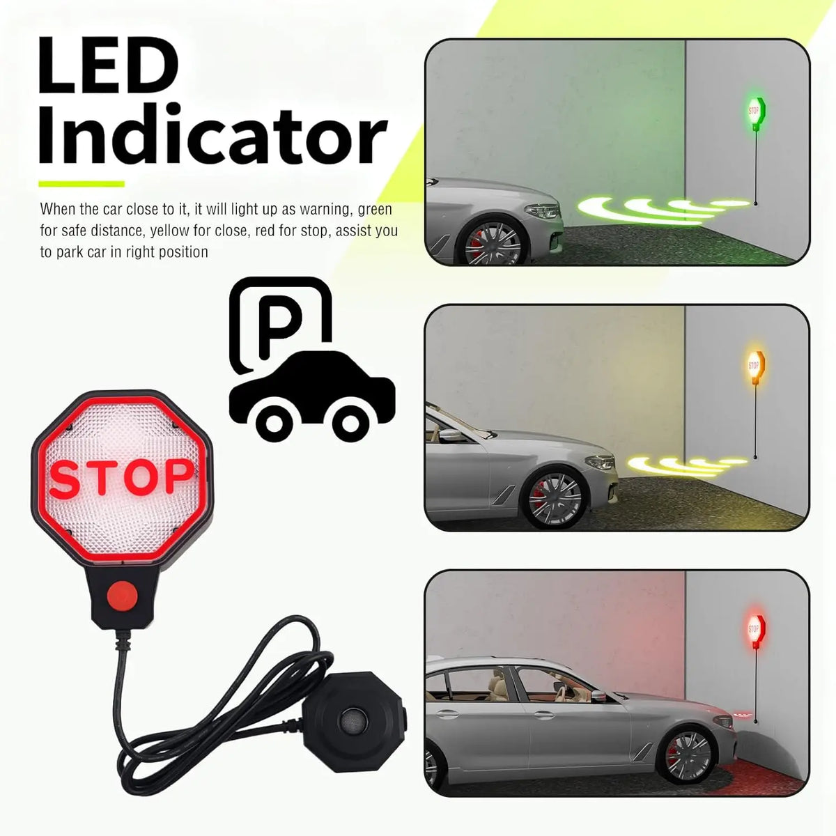 Garage Parking Sensor from HighPeak illustrating green, yellow and red LED guidance as a car approaches.