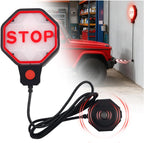 Garage Parking Sensor from HighPeak with LED stop sign, wired sensor and red SUV garage installation.